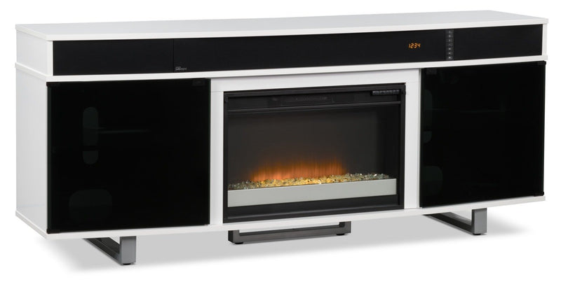 Greta 72" TV Stand with Glass Ember Firebox and Soundbar - White