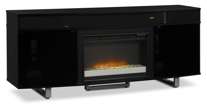 Greta 72" TV Stand with Glass Ember Firebox and Soundbar - Black